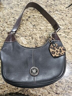 Vintage Dooney & Bourke Black Leather Shoulder Bag with Leopard Heart Charm